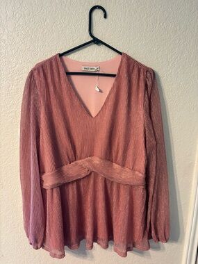 Grace Karin Rose-Mauve Metallic Pleated Long-Sleeve Peplum Top Dress